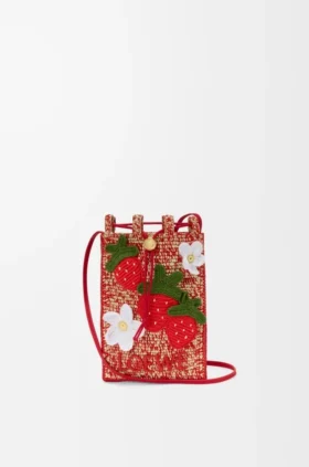 Bolsita con cordón «Strawberry» en piel de becerro clásica y rafia