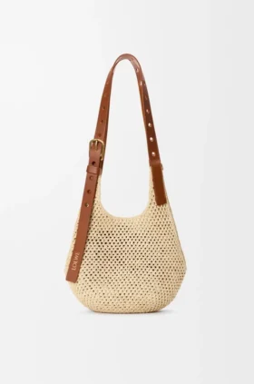 Bolso hobo pequeño con perforaciones en rafia y piel de becerro