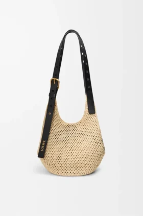 Bolso hobo pequeño con perforaciones en rafia y piel de becerro