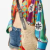 Bolso hobo pequeño con perforaciones en rafia y piel de becerro Bolso hobo pequeño con perforaciones en rafia y piel de becerro