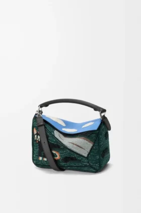 Bolso pequeño «Futurist Cat» Puzzle en tejido de punto bordado y piel de becerro clásica
