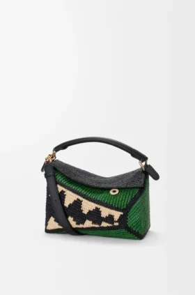 Bolso Puzzle Edge pequeño en rafia y piel de becerro