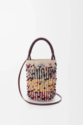 Bolso tipo cubeta de cordón, cuero y lana