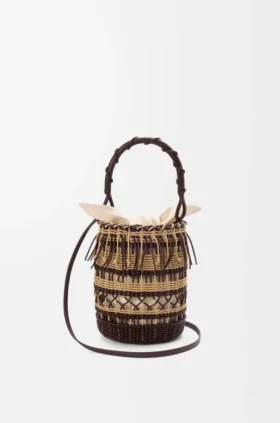 Bolso tipo cubeta de cordón y cuero