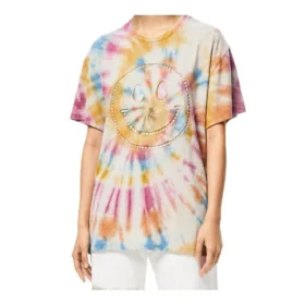 Camiseta unisex de manga corta con estampado de caras sonrientes en estilo tie-dye multicolor H616341X79-9990