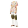 Camiseta unisex de manga corta con estampado de caras sonrientes en estilo tie-dye multicolor H616341X79-9990