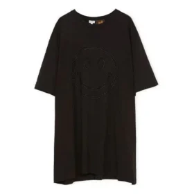 Camiseta unisex holgada de manga corta con diseño de carita sonriente bordada, color negro S616341X20-1100