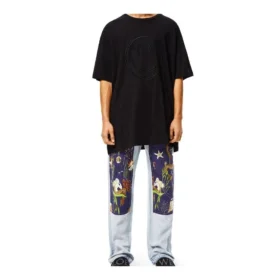 Camiseta unisex holgada de manga corta con diseño de carita sonriente bordada, color negro S616341X20-1100