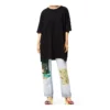 Camiseta unisex holgada de manga corta con diseño de carita sonriente bordada, color negro S616341X20-1100