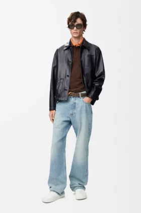 Chaqueta de estilo laboral en piel de cordero napa y nailon