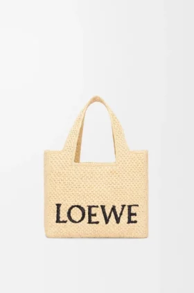 Font Tote pequeño en rafia con tipografía Loewe