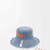 Sombrero de pescador deshilachado en mezclilla y piel de becerro Sombrero de pescador deshilachado en mezclilla y piel de becerro